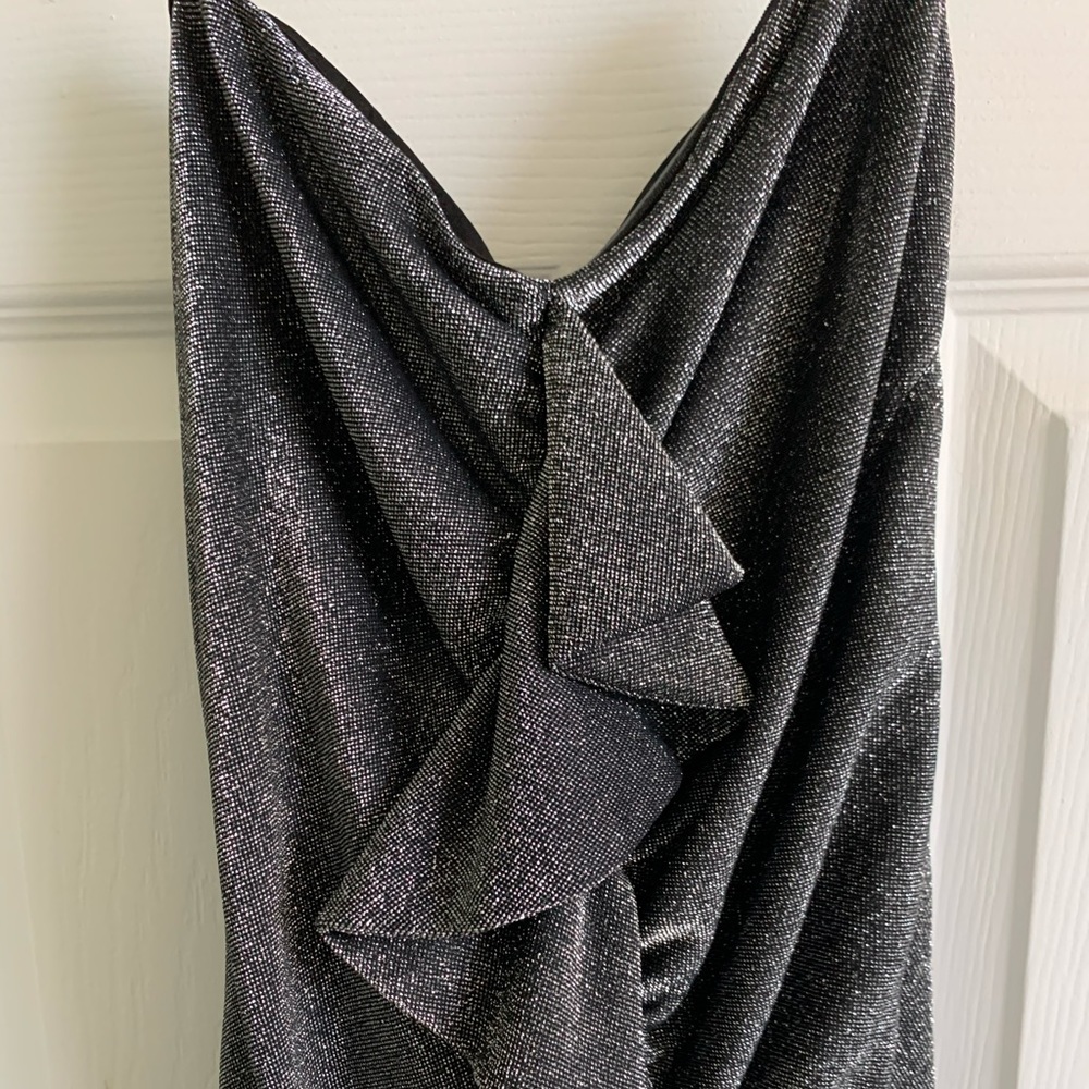 Likely Metallic Ruffle front Strapless Dre…